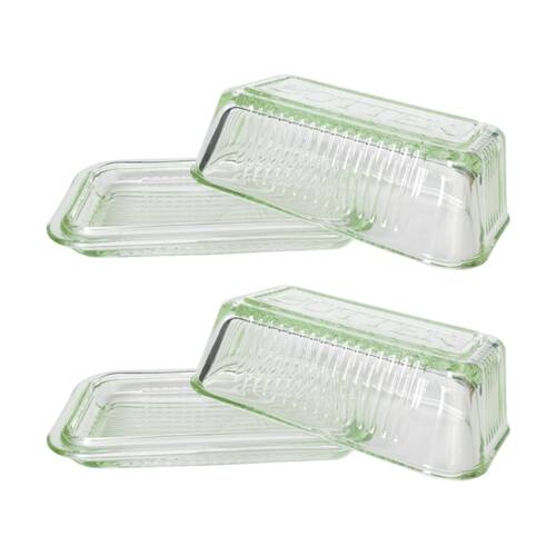 2x Urban Products Mari Green Glass Butter Dish W/ Lid & Ribbed Base 17cm