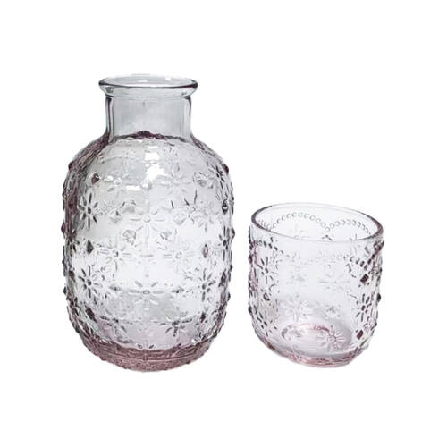 2pc Urban Products Mari Floral Embossed Pattern Carafe Pink Glass Set 19cm