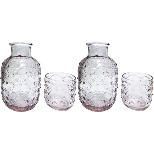 2x 2pc Urban Products Mari Floral Embossed Pattern Carafe Pink Glass Set 19cm