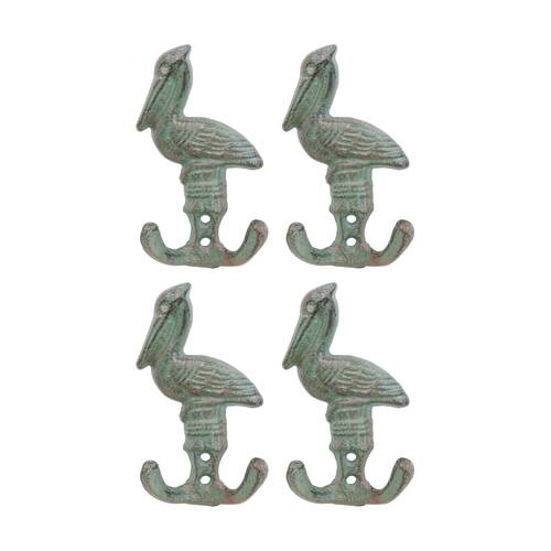 4PK LVD Green Pelican Double Wall Decoration Hook Coastal Home Decor 6.5x3x12cm