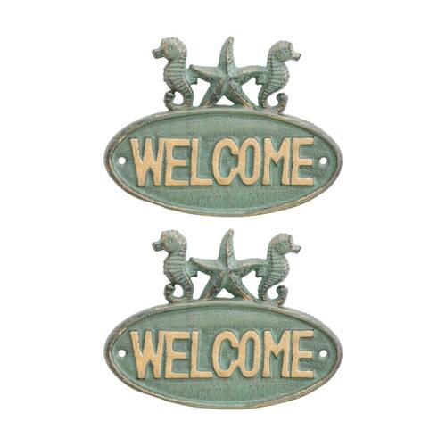 2PK LVD Cast Iron Nautical Welcome Sign Home/Garden Decor Green 19.5x14.5x2cm