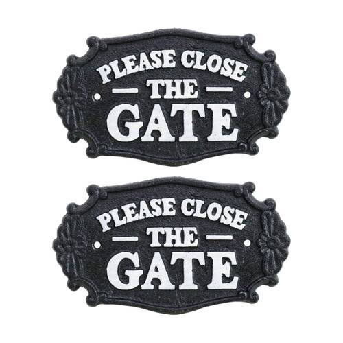 2PK LVD Cast Iron Ornate Close Gate Sign Outdoor Decor Black/White 18.5x11cm