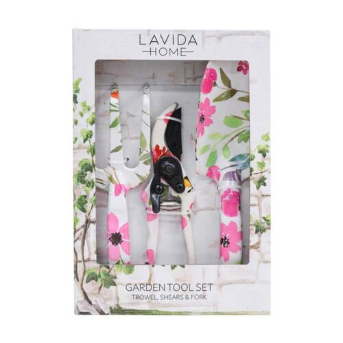 3pc LVD Gardening/Planting Aluminium Trowel Secateurs & Fork Tool Set Bee Floral