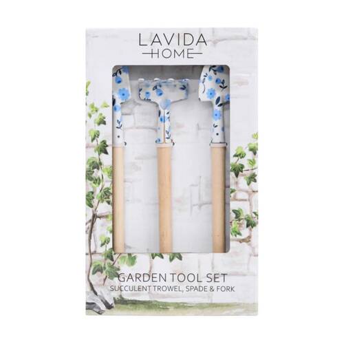 LVD Mini Trowel Spade & Fork Garden Tool Set Petite Blue Floral