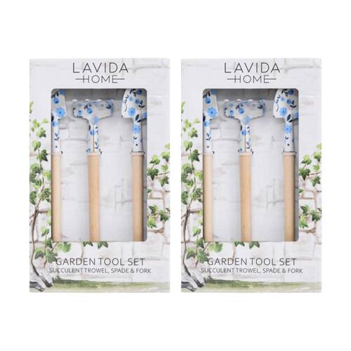 2PK LVD Mini Trowel Spade & Fork Garden Tool Set Petite Blue Floral