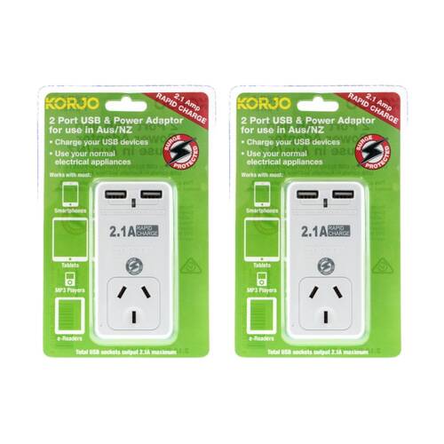 2PK Korjo 2 Port USB And Power Adaptor Australia Only Charging Adapter
