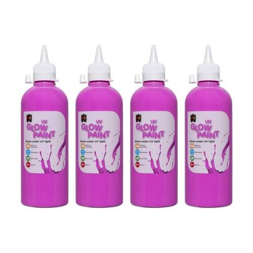 4PK Educational Colours UV Glow Fluorescent Acrylic Paint Magenta 500ml 3y+