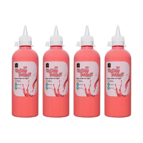 4PK Educational Colours UV Glow Fluorescent Acrylic Paint Scarlet 500ml 3y+