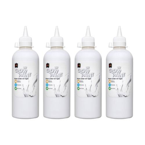 4PK Educational Colours UV Glow Fluorescent Acrylic Paint White 500ml 3y+