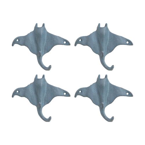 4PK LVD Blue Stingray Wall Decoration Hook Coastal Home Decor 16x3x13cm