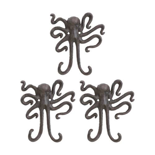 3PK LVD Double Octopus Wall Decoration Hook Coastal Home Decor 13.5x3x15.5cm