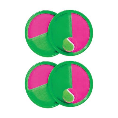 2x 3pc Victor Sports Hook & Loop Fastener Grip Ball Set 2 Paddles 1-Ball Grn/Pnk