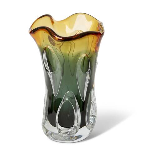 E Style Selassie Glass Vase Cut-Out Design Decor Green/Amber 17x17x28cm