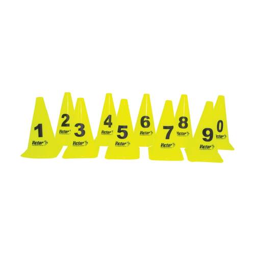 10pc Victor Sports Witches Hats Numbered 0-9 Yellow PVC Cones High Set 23cm
