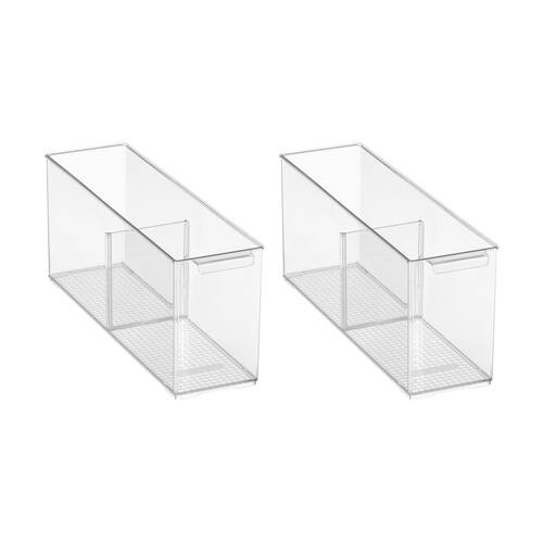 2PK The Container Store Pantry Bin Small W/ Divider Plastic Organiser Clear