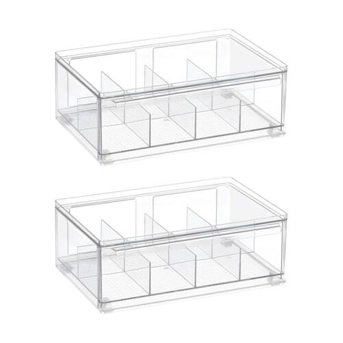 2PK The Container Store Tea Bag Organiser W/ Drawer Clear Plastic Storage