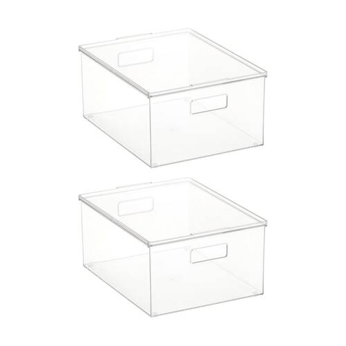 2PK The Container Store Medium Storage Box W/ Lid Clear 39x30x18cm