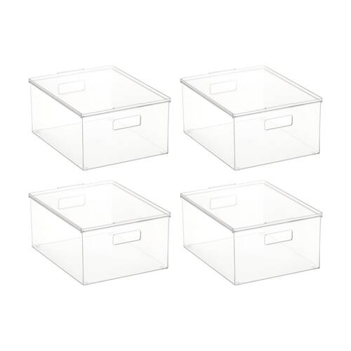 4PK The Container Store Medium Storage Box W/ Lid Clear 39x30x18cm