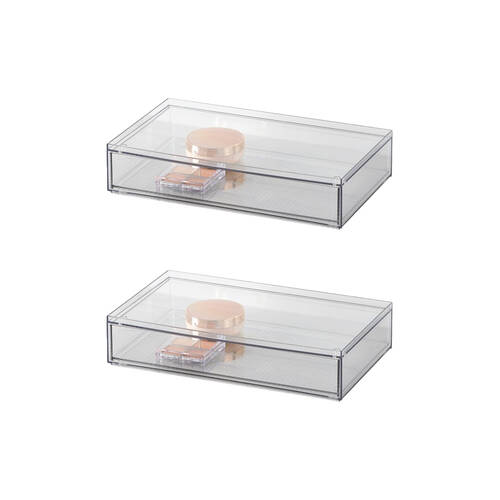 2PK The Container Store Stacking Wide Drawer Short Clear 31x18x7cm