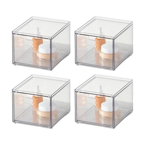 4PK The Container Store Stacking Narrow Drawer Medium Home Organiser Clear