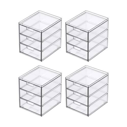 4PK The Container Store 3 Drawer Organiser Home Office Storage Clear