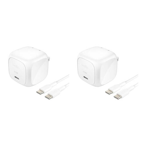 2PK Belkin BoostCharge USB-C Port Wall Plug Charger & Cable Cord 65W White