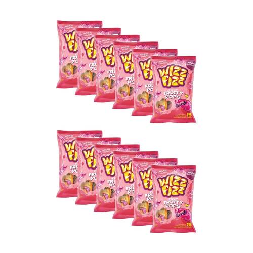 12x 15pc Wizz Fizz Fizzy Fruity Lollipops Berry Orange & Pineapple 132g