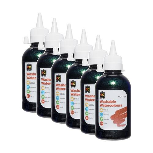6PK Educational Colours Washable Glitter Watercolour Paint Black 250ml 3y+