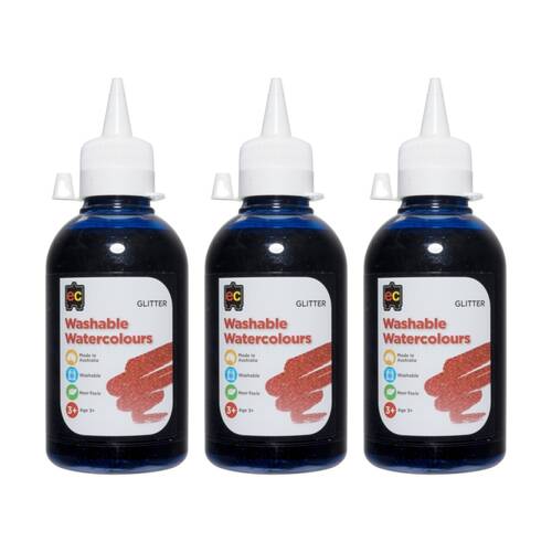 3PK Educational Colours Washable Glitter Watercolour Paint Blue 250ml 3y+