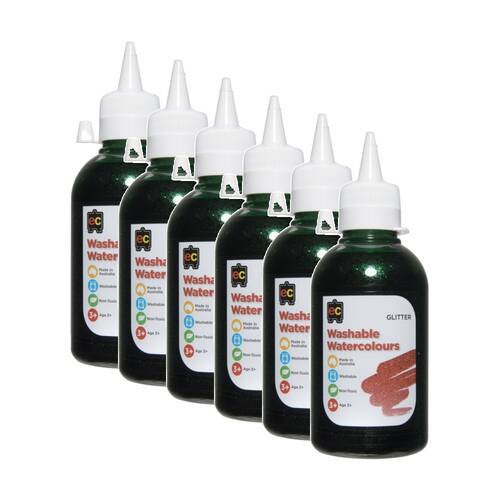 6PK Educational Colours Washable Glitter Watercolour Paint Green 250ml 3y+