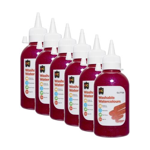 6PK Educational Colours Washable Glitter Watercolour Paint Pink 250ml 3y+