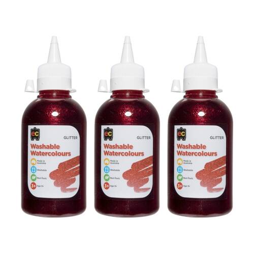 3PK Educational Colours Washable Glitter Watercolour Paint Red 250ml 3y+