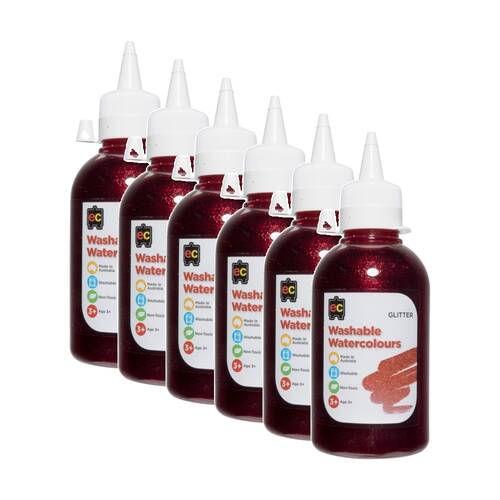 6PK Educational Colours Washable Glitter Watercolour Student Paint Red 250ml 3y+