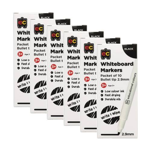 6x 10pc Educational Colours Whiteboard Thin Black Marker 2.9mm Tip Kids 3y+