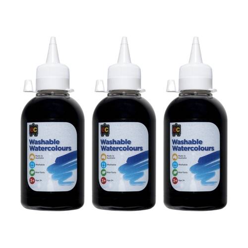 3PK Educational Colours Washable Watercolour Student Paint Black 250ml 3y+