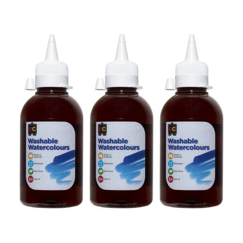 3PK Educational Colours Washable Watercolour Student Paint Brown 250ml 3y+