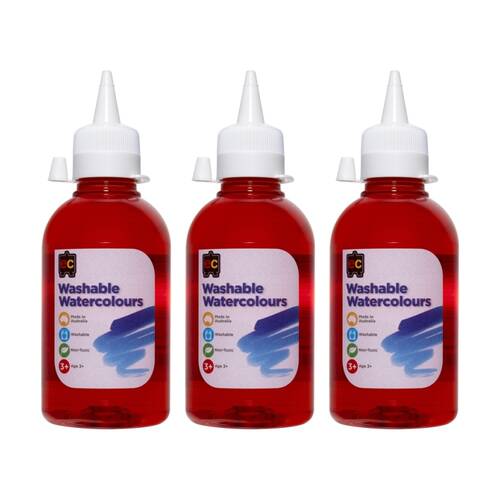 3PK Educational Colours Washable Watercolour Student Paint Red 250ml 3y+