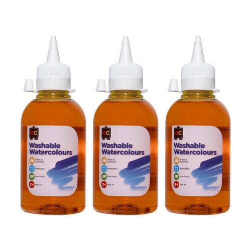3PK Educational Colours Washable Watercolour Student Paint Yellow 250ml 3y+