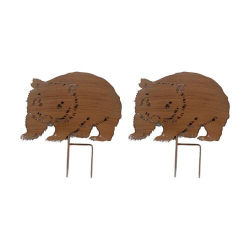 2PK Bronrob Rustic Brown Metal Wombat Outdoor Garden Stake 41.5x36cm