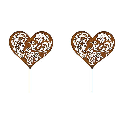 2PK Bronrob Love Heart W/ Floral Cut Outs Outdoor Garden Stake Large 45x18cm