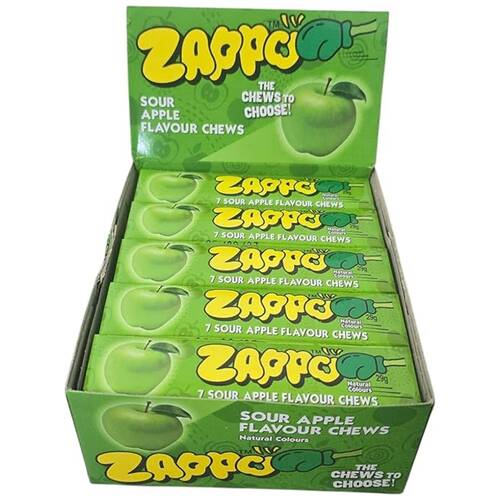 30PK Zappo Sour Apple 29g Fruit Flavour Chewy Lollies/Gummies