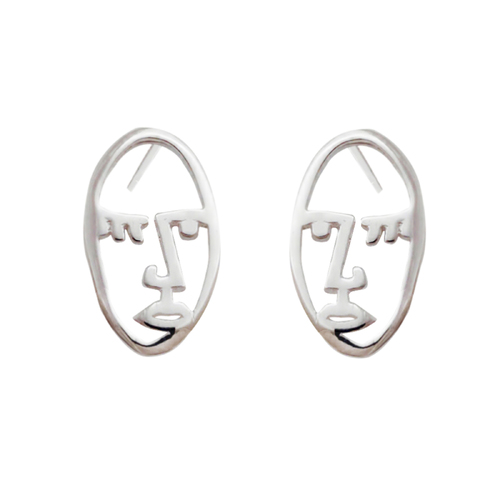 Culturesse 13mm Little Artist Abstract Face Stud Earrings - Silver
