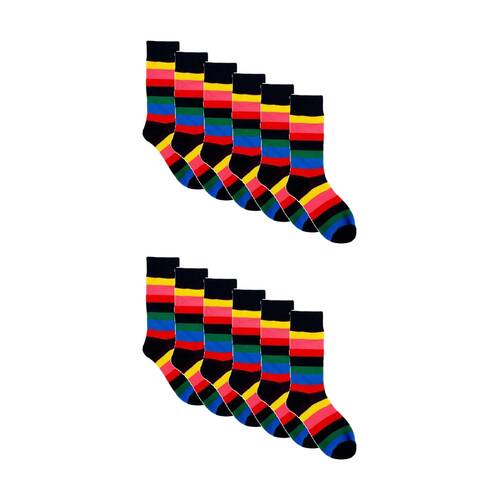 12PK Sock Wave Fun Colourful Pattern Crew Length Socks Mix G One Size Assorted