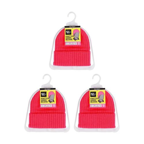 3PK Fixit Tools Ladies Knitted Work Beanie/Hat High Visability One Size Pink