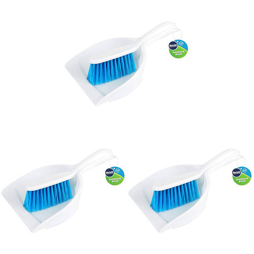 3x 2pc Kemasi Short Handle Dustpan and Brush Cleaning Set White/Blue
