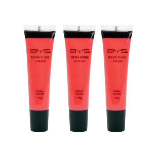 3PK BYS Mega Shine Lipgloss Makeup Scented Coral Fever 14g