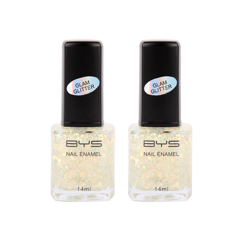 2PK BYS 14ml Nail Polish Glam Glitter Prism Lights White