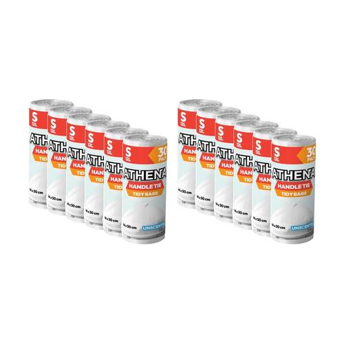 12x 30PK Athena Unscented Garbage Tidy Bags w/ Handle Tie White 12L 46x50cm