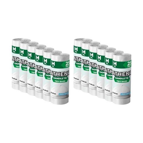 12x 25PK Athena Unscented Garbage Tidy Bags w/ Handle Tie White 27L 65x51cm