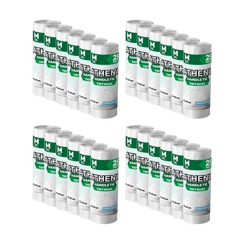 24x 25PK Athena Unscented Garbage Tidy Bags w/ Handle Tie White 27L 65x51cm